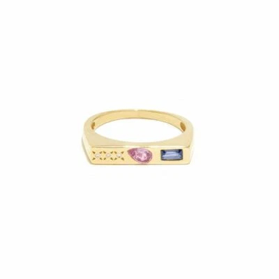 Pink Sapphire Blue Sapphire Baguette Diamond Horizontal Signet 14K Gold Ring - Image 1 of 4