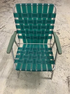 Vintage Aluminum Folding Chair Webbed Strap Green W/ White Stripe Wood Arm Rest - Picture 1 of 8