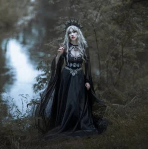 Gothic Wedding Dresses Retro Black Fantasy Bridal Dress with Long Sleeves - Picture 1 of 12