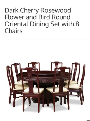 Dark Cherry Rosewood Flower and Bird RoundOriental Dining Set with 8Chairs - Image 1 of 3