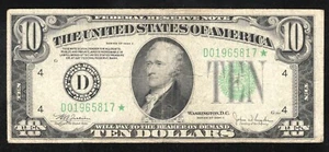 ⭐⭐ 1934-C $10 CLEVELAND STAR FEDERAL RESERVE NOTE FRN Fr 2008-D* 65817 - Picture 1 of 2