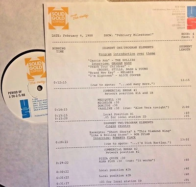 RADIO SHOW MILESTONES 2/4/88  BOB DYLAN,CANNED HEAT, ALICE COOPER, MELANIE,CSN&Y - Image 1 of 2