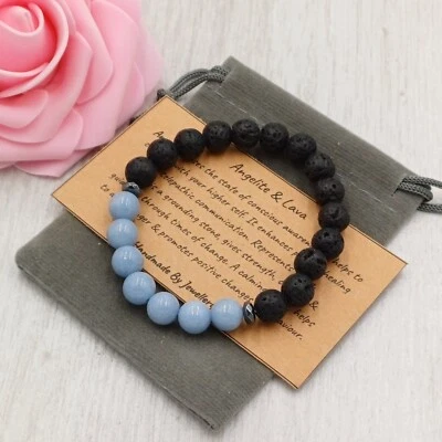 LAVA & ANGELITE Bracelet Handmade Crystal Healing Gemstone Stretch Fit 8mm - Image 1 of 4