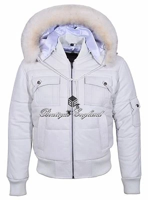Chaqueta de bombardero acolchada con capucha blanca para hombre 100 % cuero clásico real piloto 6 puffer Foto 1 de 4
