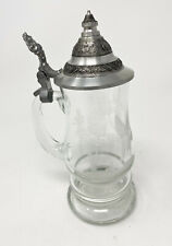 alter Bierkrug, Glaskrug, Humpen aus Glas mit Zinndeckel & geschliffenem Relief