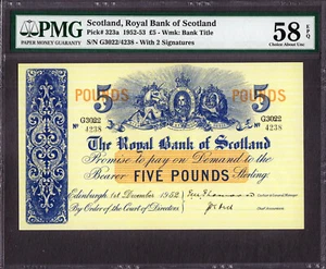 Scozia 5 sterline 1 dicembre 1952 Pick-323a circa UNC PMG 58 EPQ - Foto 1 di 2