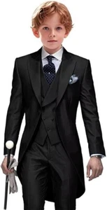 Satin Boy‘s Suits Set Peak Lapel Long Coat Pant Vest Wedding Prom Tuxedo 3 Piece - Picture 1 of 16