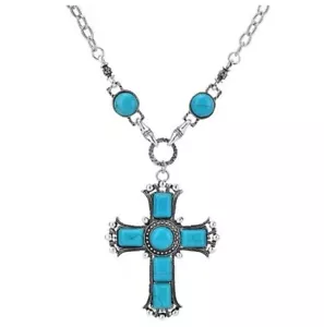 Necklace Cross Pendant Simulated Turquoise Silver Tone - Picture 1 of 1