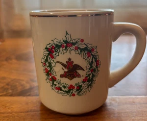 Anheuser Busch Coffee Mug Cup Diner Style Christmas Wreath Gold Rim Eagle Logo - Picture 1 of 6