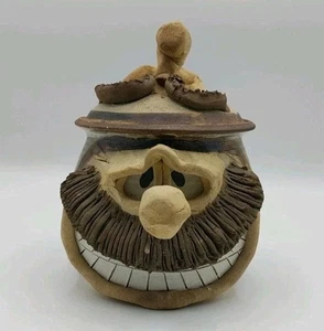 Barattolo vintage in gres brutta faccia con coperchio - arte popolare scolpito a mano firmato - Foto 1 di 23