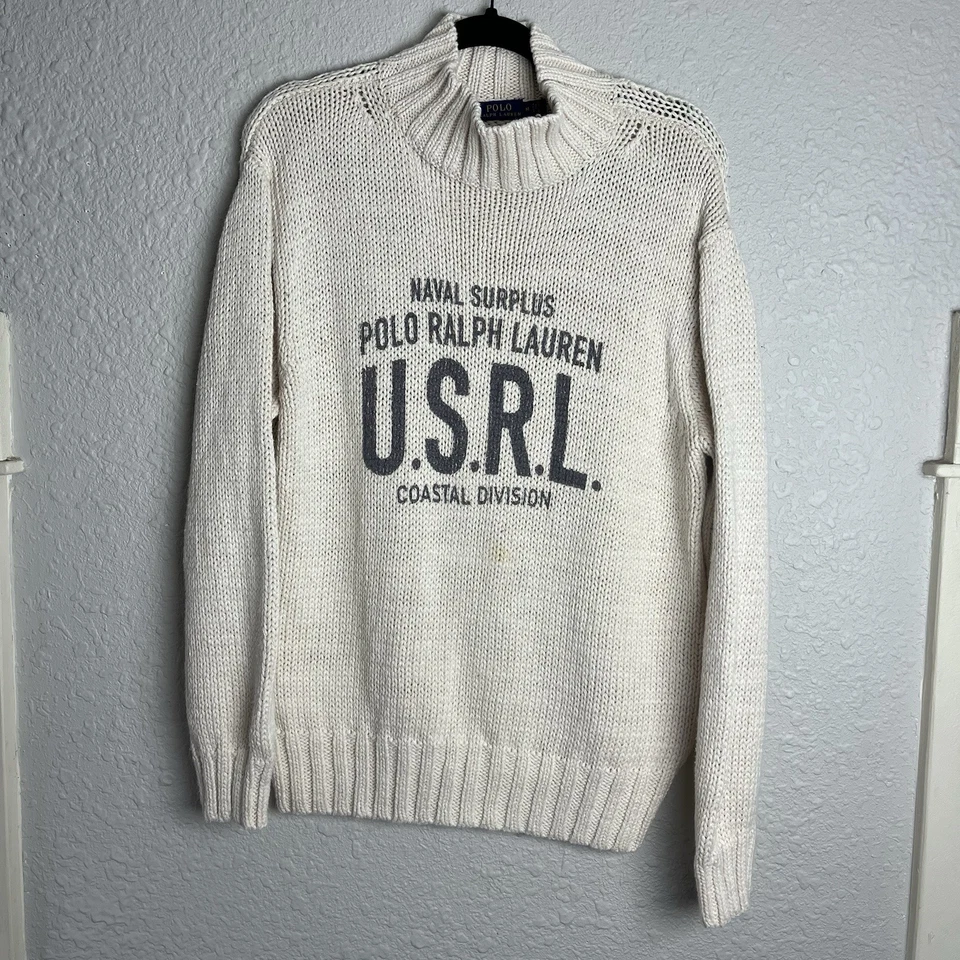 Suéter Polo Ralph Lauren M Coastal Division Naval Excedente Decote Simulado Mancha Creme - Imagem 1 de 4