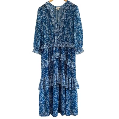 Vestido Monique Lhuillier Azul Floral Midi Con Volantes Mujer’s Talla 12 Boda  Foto 1 de 4