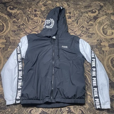 Chaqueta cortavientos Pink Victorias Secret con cremallera para mujer XS negra con capucha Foto 1 de 4
