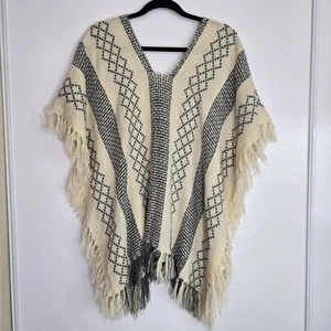 Free People Poncho Women’s One Size Black Stripe Wool Blend Fringe Boho - Picture 1 of 7