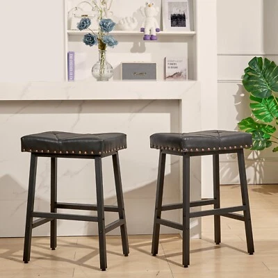Set of 2 Bar Stools Counter Height Stools PU Leather Armless Kitchen Chair Black - Image 1 of 4