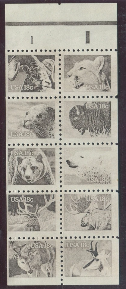 Scott 1889a - 18c Wildlife Booklet Pane of 10 Stamps - Plate No. 1 - MNH - Image 1 of 1