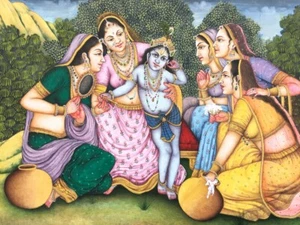 Fine Indian Miniature Painting Lord Krishna Childhood Religious Golden Artwork - Picture 1 of 6