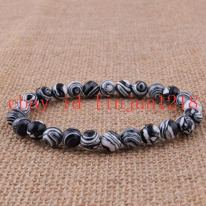 Fashion 8/10/12mm Black White Striped Turquoise Round Gemstone Bracelet 7.5'' - Picture 1 of 6
