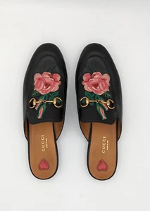 Gucci Princetown Rose Embroidered Black Leather Mules EU 38.5 - Picture 1 of 10