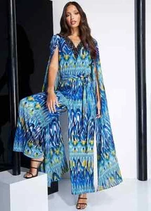 STAR by Julien Macdonald Blue Print Stretch Cape Sleeve Jumpsuits - Size 14 - Picture 1 of 7