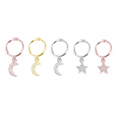 Argento Sterling 8mm Chiusura a Scatto Cerchio Cz Crescent Luna Stella Orecchini - Immagine 1 di 4