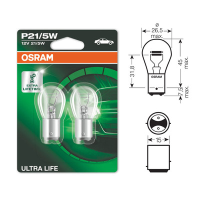 2 X Osram Ultra Life 380 P21/5w Brake Stop & Tail Light Bulbs 12v 21/5w Bay15d