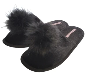 Victoria's Secret Damen Hausschuhe Größe Medium Kunstfell Bommel Pantoletten schwarz - Bild 1 von 9