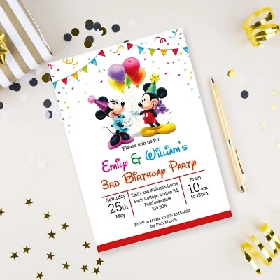FUSSY PANTS DESIGNS Mickey Mouse Minnie Mouse 10 Personalised Birthday Party Invitations
