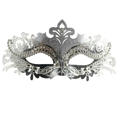 Silver Metal Lace Masquerade Mask | Venetian Silver Diamante Wedding Ball Mask - Image 1 of 4