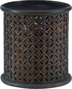 Powell Dark Grey Hand Carved Details Sympico Round Side Table 