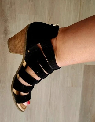 Tacones Dr Scholls Concept para mujer 7,5 Gladiador tela negra punta abierta tacones bloque Foto 1 de 3