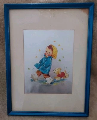 Mabel Lucie Attwell ~ Niña bajo la lluvia con impresión artística de papel aluminio de perro mate enmarcado firmado Foto 1 de 4