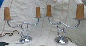 Paire lampes bronze nickelé style Adnet moderniste vintage lamp candélabre - Bild 1 von 24