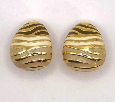 Pendientes Esmaltados Vintage JOAN RIVERS Rayas Cebra Beige Negro Tono Dorado Clip On Foto 1 de 4