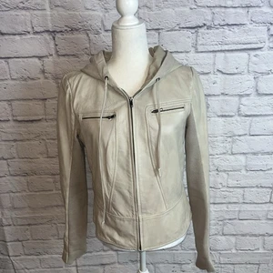 Trouvé Women’s Genuine Leather Moto Hooded Aviator Retro Jacket Size Medium - Picture 1 of 12