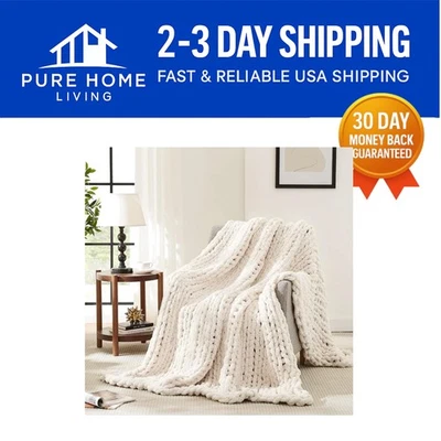 Large 50x60 Handmade Chunky Knit Blanket - Soft Chenille Throw for All Seasons - Image 1 of 4