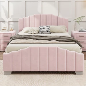 Full Size Velvet Upholstered Platform Bed Tufted Headboard and Footboard, Pink - Picture 1 of 9