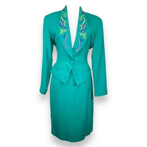 Vintage 90s Green Funky Embroidered Matching Blazer + Skirt Suit Set 6 / Small - Picture 1 of 24
