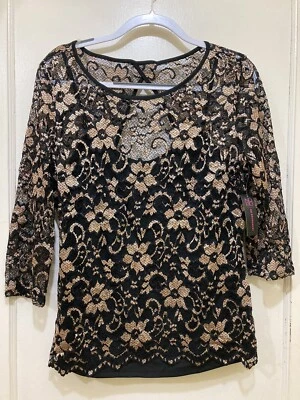 Top para mujer NOBO No Boundaries talla XXL 2X negro dorado encaje manga larga dobladillo de vieira Foto 1 de 4