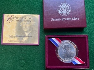 1993 Silver Thomas Jefferson uncirculated 250th Anniversary - T33 - Picture 1 of 4