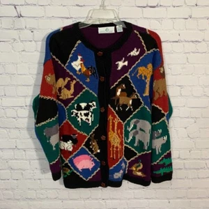 Vintage Design Options All Over Print Farm Animal Button Sweater Cardigan Medium - Picture 1 of 7