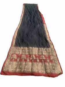 Sanskriti Black & Red Ombré Indian Saree w/ Gold Hand Woven Embroider Sheer Sari