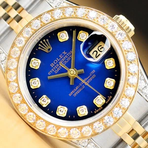 LADIES ROLEX DATEJUST BLUE VIGNETTE 1.13 CT DIAMOND TWO TONE QUICKSET WATCH - Picture 1 of 8