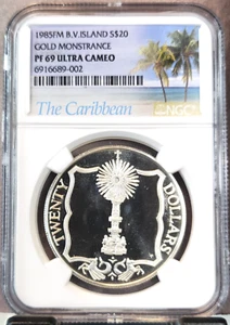 1985 B V ISLANDS SILVER 20 DOLLARS GOLD MONSTRANCE NGC PF 69 ULTRA CAMEO TOP POP - Picture 1 of 3