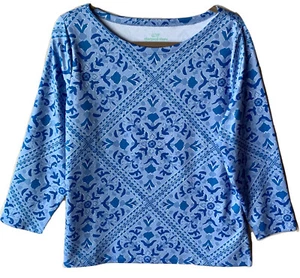 VINEYARD VINES Damen-T-Shirt Gr. L SANKATY blau gekachelt 3/4-Ärmel Stretch U-Boot-Ausschnitt neu ohne Etikett - Bild 1 von 11