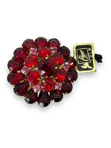 Vtg Pegasus Coro NWT Gold Tone Red And Pink Rhinestone Layered Round Brooch Pin - Picture 1 of 9