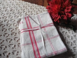 2 ANCIENS TORCHONS CREME LIN X COTON LITEAUX CROISES ROUGE"SL"78X56 - Picture 1 of 5