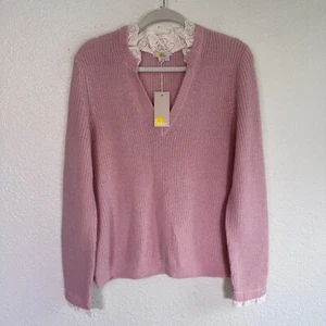 Boden Sweater Womens 12 Preppy Lace Trim Ribbed Knit Jumper Soft Pink NEW - Picture 1 of 11