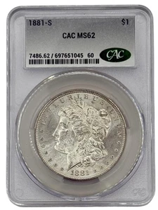 Dólar de plata Morgan 1881-S $1, grado CAC MS62, fuerte brillo. - Imagen 1 de 2