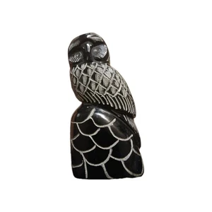 Carved Stone Owl Etched Sculpture Paperweight 5.5 Inches Tall Statue Heavy Black - Picture 1 of 6